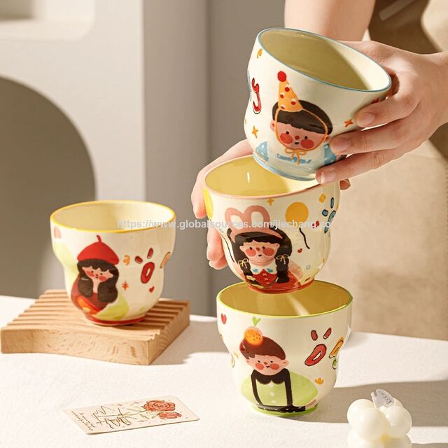 High-Appearance Cute Cartoon Ceramic Mugs for Family of 4 Kids Breakfast Cups Parent-Child Household Water Mugs