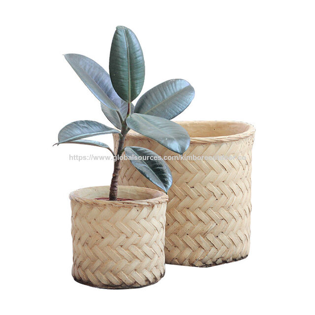 Pots de Fleurs Décoratifs en Ciment de Haute Qualité avec Design en Tissage de Bambou pour Intérieur et Extérieur, Décoration de Jardin et de Maison