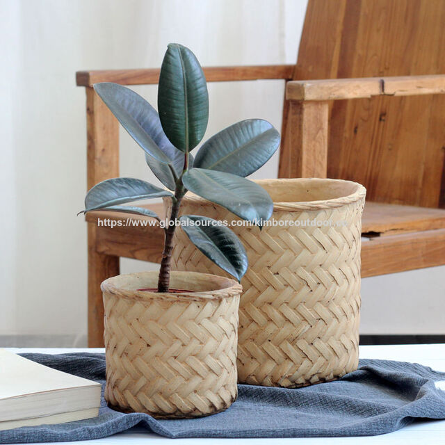 Pots de Fleurs Décoratifs en Ciment de Haute Qualité avec Design en Tissage de Bambou pour Intérieur et Extérieur, Décoration de Jardin et de Maison