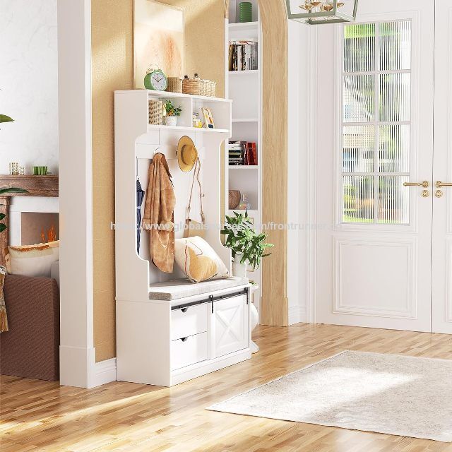 Meuble Multifonctionnel pour Hall d'Entrée et Salon, Armoire Autoportante en Bois avec Banc de Rangement, Porte-Manteaux et Patère - Fabricant