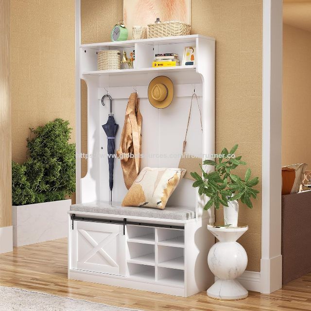 Meuble Multifonctionnel pour Hall d'Entrée et Salon, Armoire Autoportante en Bois avec Banc de Rangement, Porte-Manteaux et Patère - Fabricant