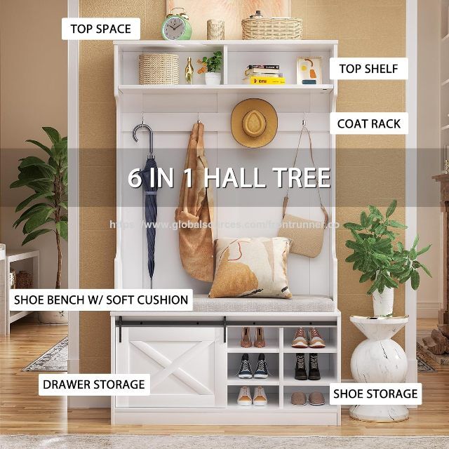 Meuble Multifonctionnel pour Hall d'Entrée et Salon, Armoire Autoportante en Bois avec Banc de Rangement, Porte-Manteaux et Patère - Fabricant