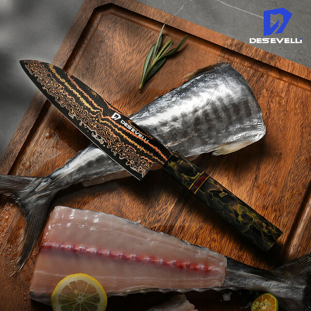 Couteau Santoku Tricolore en Cuivre Damas de 7 Pouces, Noyau en Acier VG-10, Couteau de Chef Professionnel Japonais Durable