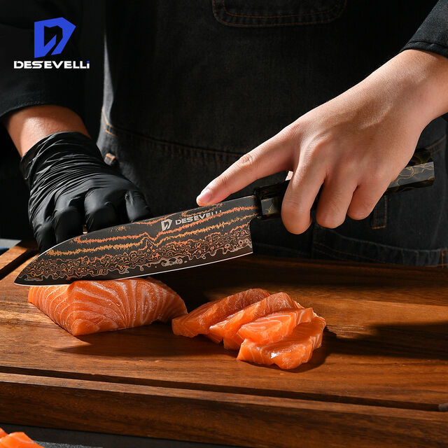 Couteau Santoku Tricolore en Cuivre Damas de 7 Pouces, Noyau en Acier VG-10, Couteau de Chef Professionnel Japonais Durable