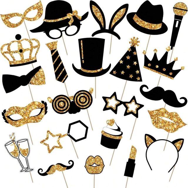 Party photobooth props 24-Piece Golden Photo Booth Props Set With Hats Masks Bow Ties For Parties Weddings Graduations Proms Chris
