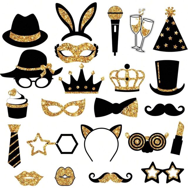 Party photobooth props 24-Piece Golden Photo Booth Props Set With Hats Masks Bow Ties For Parties Weddings Graduations Proms Chris