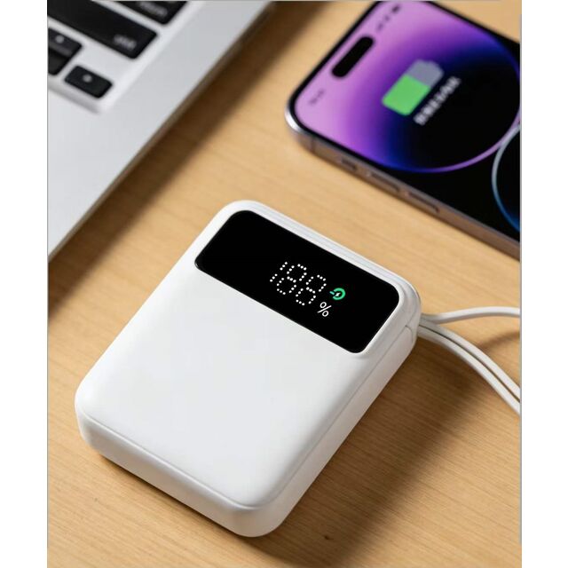 Batterie externe portable compacte avec câble rétractable intégré, capacité de 20000 mAh, charge rapide de 22.5W