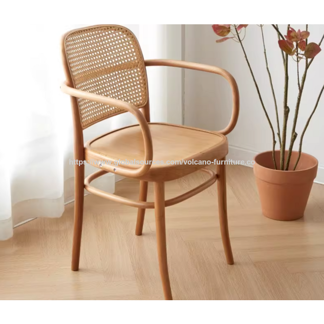 Großhandel Esstische und Hocker aus Massivholz-Rattan im Vintage-Wohnstil mit Rückenlehne, Esstische und Stühle aus Naturholz