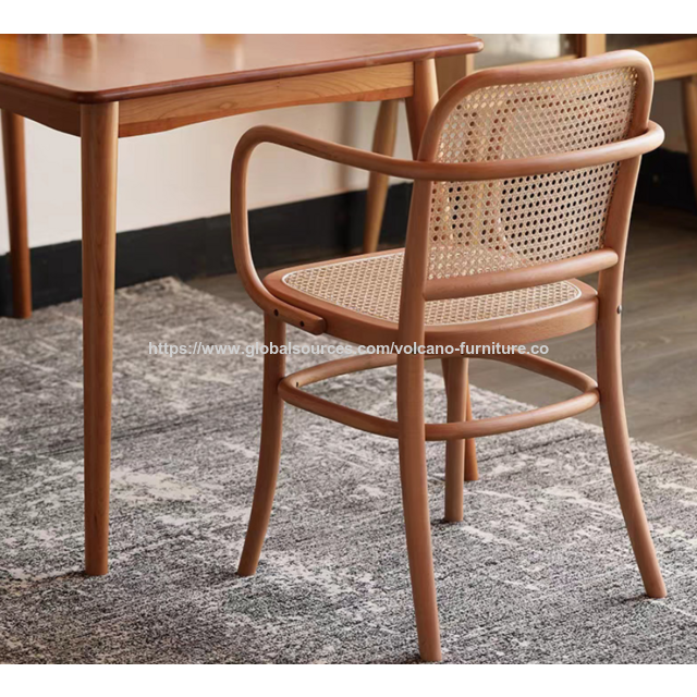 Großhandel Esstische und Hocker aus Massivholz-Rattan im Vintage-Wohnstil mit Rückenlehne, Esstische und Stühle aus Naturholz