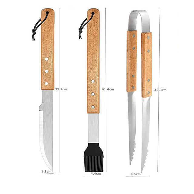 Ensemble d'Outils de Grillade avec Manche en Bois, Accessoires BBQ, Spatule Durable en Acier Inoxydable, Pinces, Brosse de Nettoyage