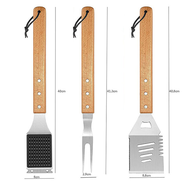 Ensemble d'Outils de Grillade avec Manche en Bois, Accessoires BBQ, Spatule Durable en Acier Inoxydable, Pinces, Brosse de Nettoyage