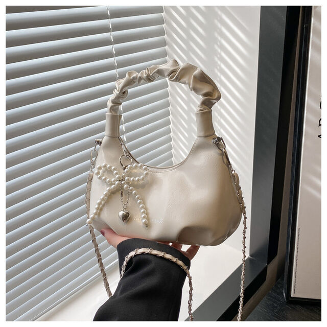 Silver pleated handbag for women in summer - dumpling-shaped bag- adjustable chain for commuting - diagonal crossbody bag