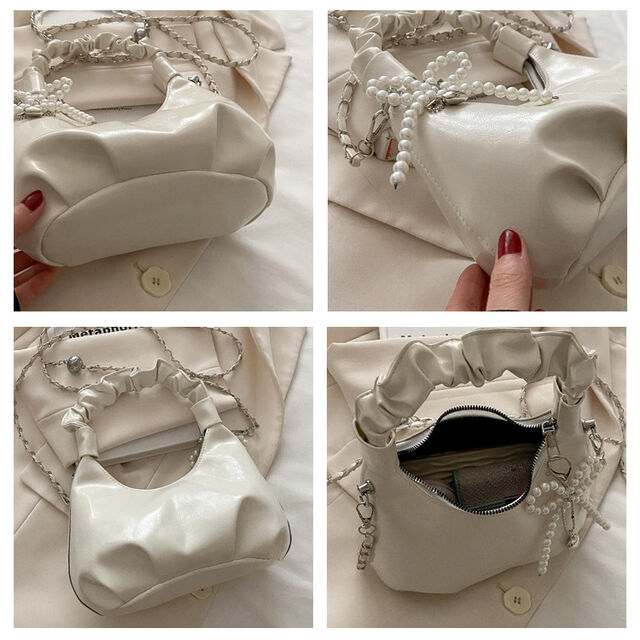 Silver pleated handbag for women in summer - dumpling-shaped bag- adjustable chain for commuting - diagonal crossbody bag