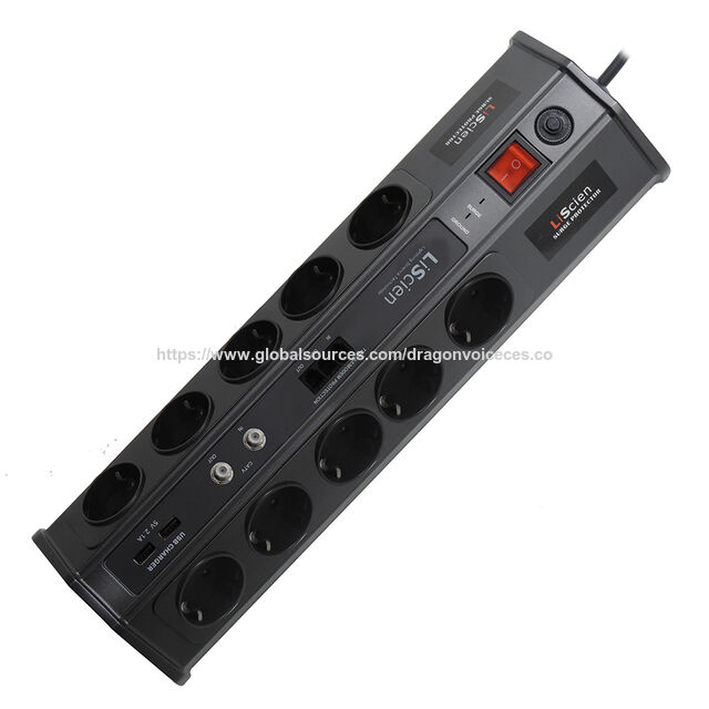 Regleta de alimentación alemana multifunción con 10 enchufes, protector contra sobretensiones con panel LCD para visualización de potencia, vatios y tiempo