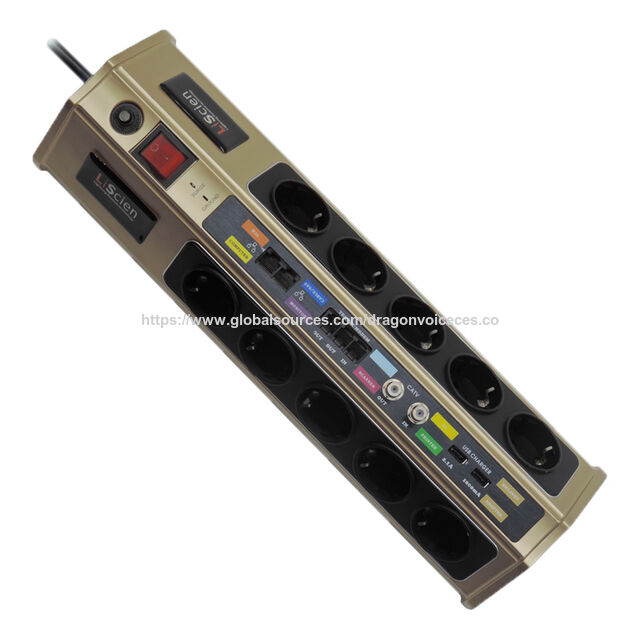 Regleta de alimentación alemana multifunción con 10 enchufes, protector contra sobretensiones con panel LCD para visualización de potencia, vatios y tiempo