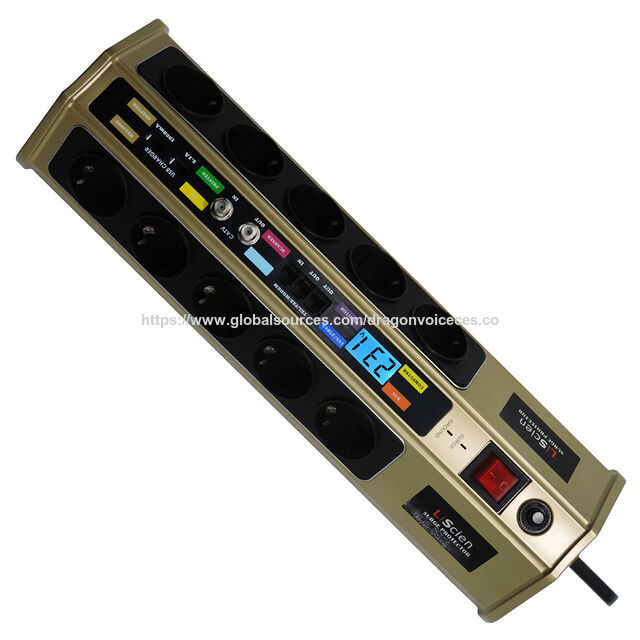 Regleta de alimentación alemana multifunción con 10 enchufes, protector contra sobretensiones con panel LCD para visualización de potencia, vatios y tiempo