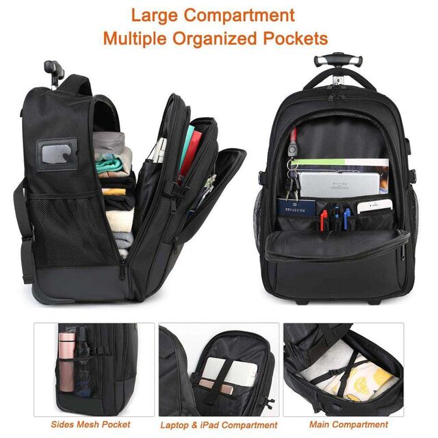 Large Rolling Wheeled Backpack Business Travel Carry on Luggage Suitcase Bag Durable Roller College School Computer Book Bag