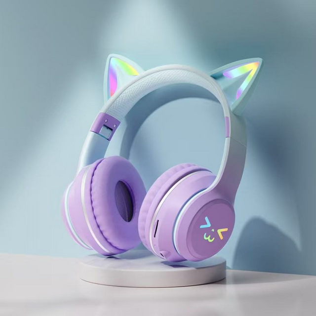Headphone Bluetooth LED RGB Telinga Kucing Imut, Headset Nirkabel Over-Ear dengan Mikrofon, Headphone Stereo Lipat untuk Anak Perempuan, Gaming