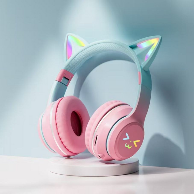 Headphone Bluetooth LED RGB Telinga Kucing Imut, Headset Nirkabel Over-Ear dengan Mikrofon, Headphone Stereo Lipat untuk Anak Perempuan, Gaming