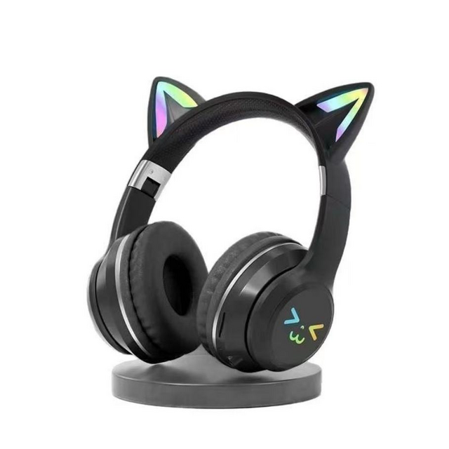 Headphone Bluetooth LED RGB Telinga Kucing Imut, Headset Nirkabel Over-Ear dengan Mikrofon, Headphone Stereo Lipat untuk Anak Perempuan, Gaming