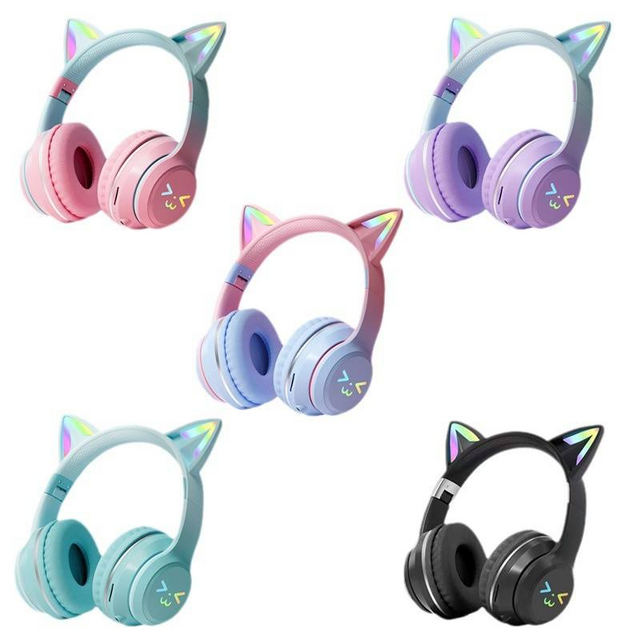 Headphone Bluetooth LED RGB Telinga Kucing Imut, Headset Nirkabel Over-Ear dengan Mikrofon, Headphone Stereo Lipat untuk Anak Perempuan, Gaming