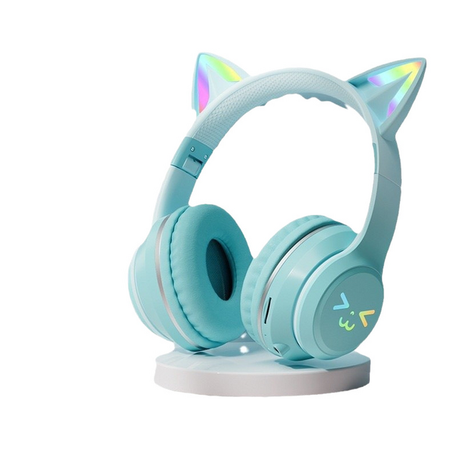 Headphone Bluetooth LED RGB Telinga Kucing Imut, Headset Nirkabel Over-Ear dengan Mikrofon, Headphone Stereo Lipat untuk Anak Perempuan, Gaming
