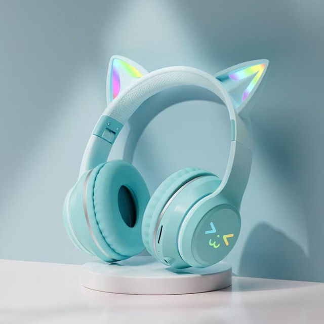 Headphone Bluetooth LED RGB Telinga Kucing Imut, Headset Nirkabel Over-Ear dengan Mikrofon, Headphone Stereo Lipat untuk Anak Perempuan, Gaming