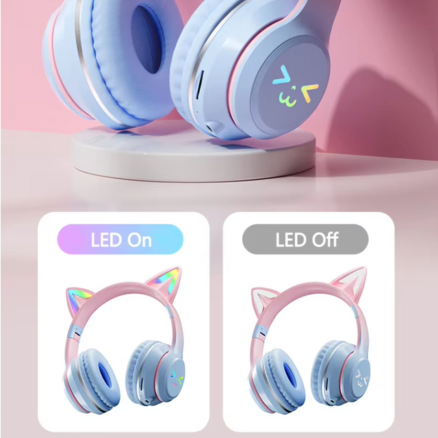 Headphone Bluetooth LED RGB Telinga Kucing Imut, Headset Nirkabel Over-Ear dengan Mikrofon, Headphone Stereo Lipat untuk Anak Perempuan, Gaming
