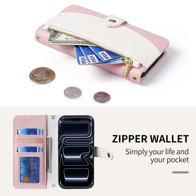 Capa carteira transversal para iPhone 17 Pro Max, bolsa com zíper em couro PU, capa flip com porta-cartões e alça de pulso
