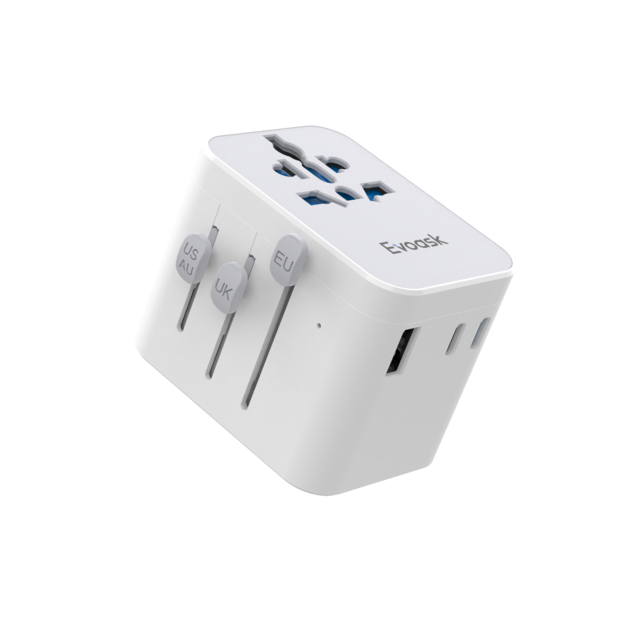 Adaptador de Viagem Carga Rápida PD20W Tipo C, 2 Portas USB 1A, Carregador Universal Internacional 100-240V Certificado