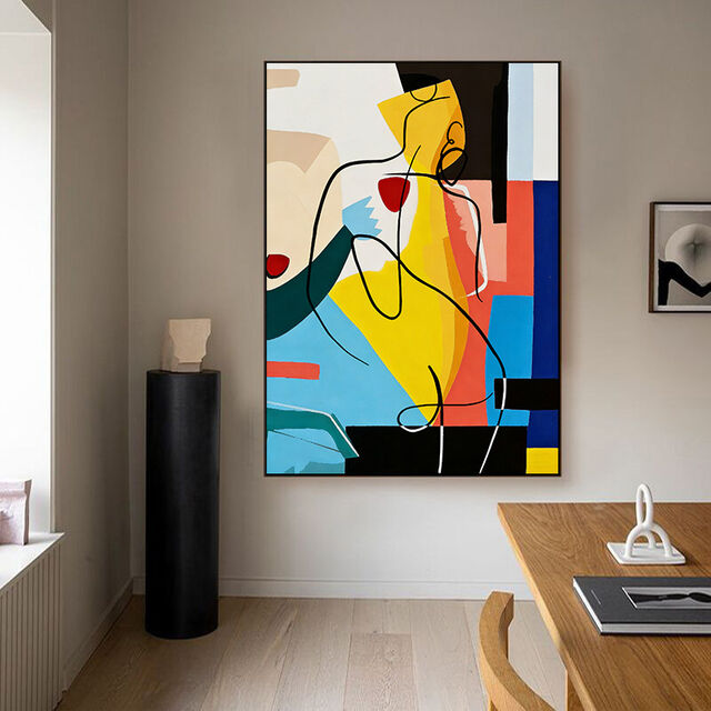 Arte de Parede Abstrata Estilo Picasso Figura Nua Desenho de Linha Impressão em Tela Color Block Decoração Moderna para Sala de Estar Hall de Entrada