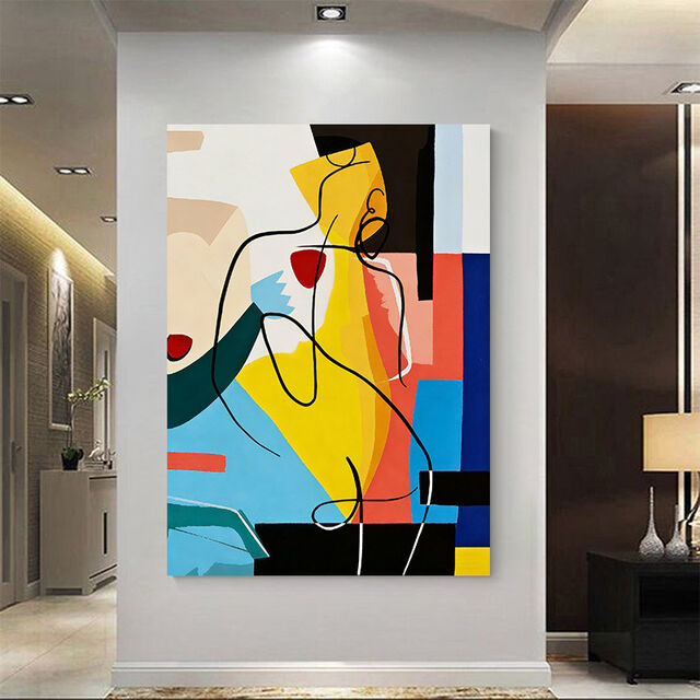 Arte de Parede Abstrata Estilo Picasso Figura Nua Desenho de Linha Impressão em Tela Color Block Decoração Moderna para Sala de Estar Hall de Entrada