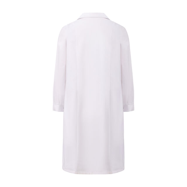 Veste d'uniforme de travail personnalisée pour femme, col châle, boutons sur le devant, manches longues avec poignets, couture française, poches avant et arrière.