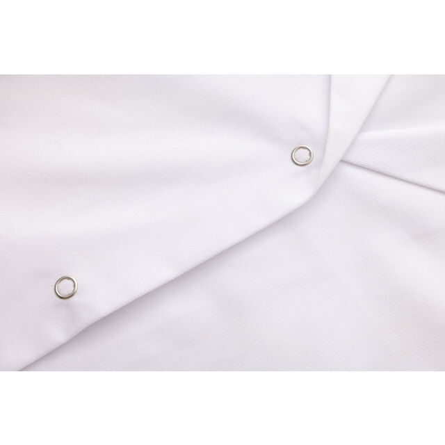 Veste d'uniforme de travail personnalisée pour femme, col châle, boutons sur le devant, manches longues avec poignets, couture française, poches avant et arrière.