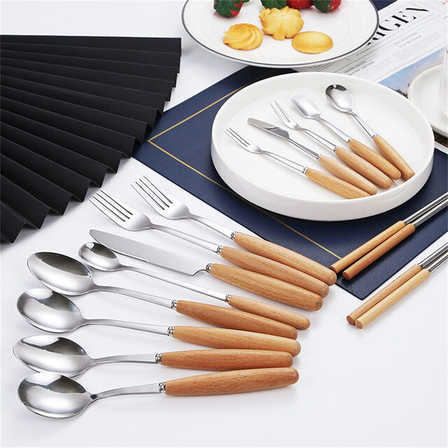 Ensemble de couverts avec manche en bois de hêtre, couteau à steak, fourchette, cuillère, baguettes en acier inoxydable