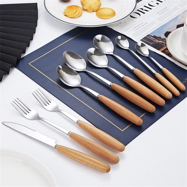 Ensemble de couverts avec manche en bois de hêtre, couteau à steak, fourchette, cuillère, baguettes en acier inoxydable