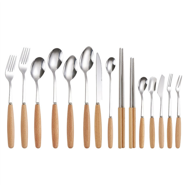 Ensemble de couverts avec manche en bois de hêtre, couteau à steak, fourchette, cuillère, baguettes en acier inoxydable