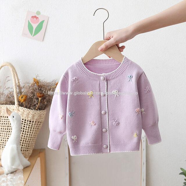 Cardigan de malha feito à mão para meninas, casaco suéter de primavera e outono com laço, top princesa de manga bufante para bebês