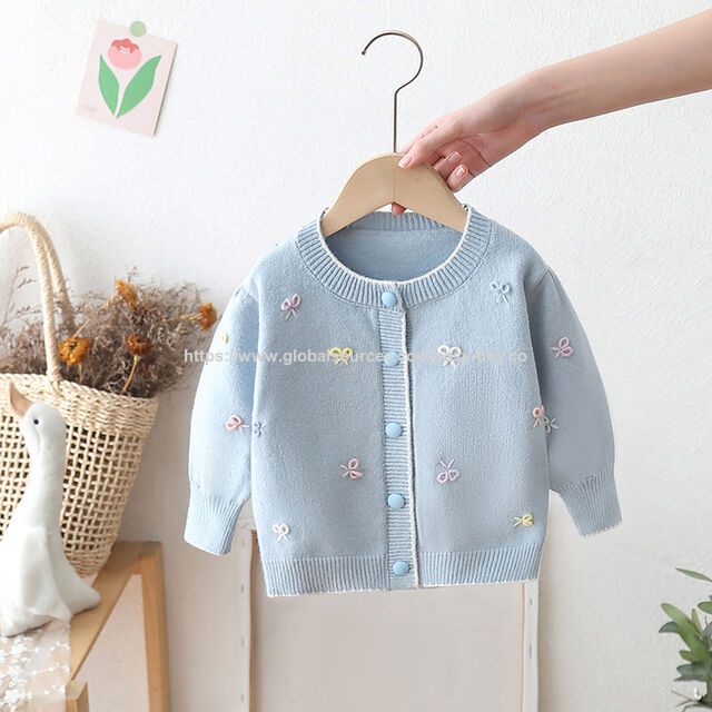 Cardigan de malha feito à mão para meninas, casaco suéter de primavera e outono com laço, top princesa de manga bufante para bebês