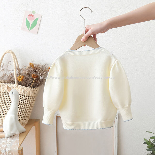 Cardigan de malha feito à mão para meninas, casaco suéter de primavera e outono com laço, top princesa de manga bufante para bebês