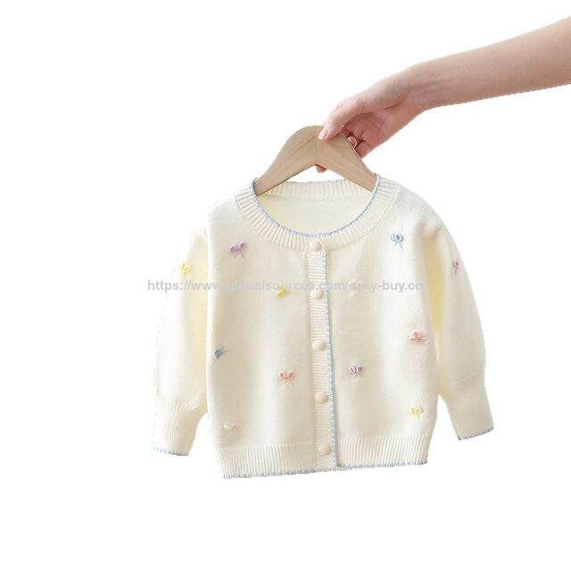 Cardigan de malha feito à mão para meninas, casaco suéter de primavera e outono com laço, top princesa de manga bufante para bebês