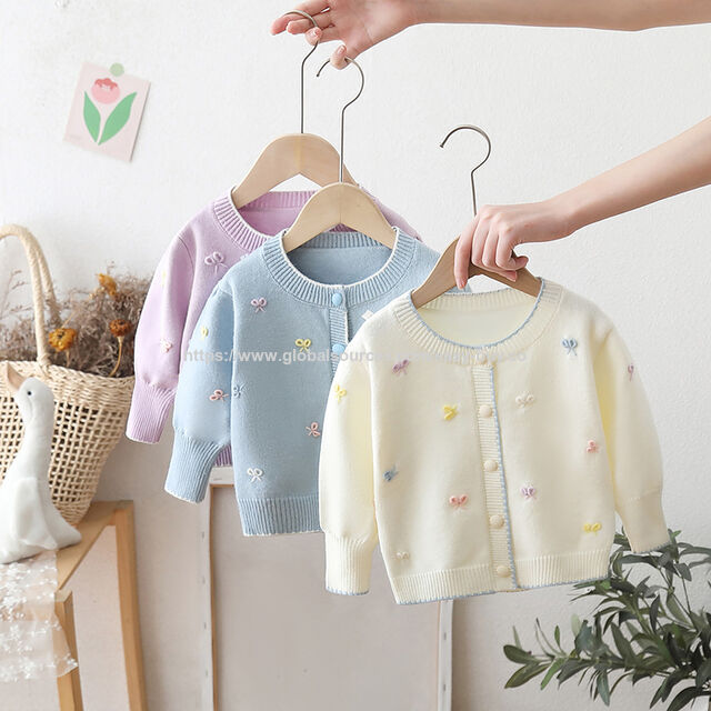 Cardigan de malha feito à mão para meninas, casaco suéter de primavera e outono com laço, top princesa de manga bufante para bebês