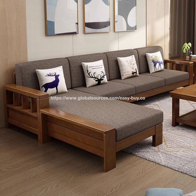 Juegos de Sofás para el Hogar, Juego de Sofá de Madera Maciza, Muebles Modernos Minimalistas de Estilo Chino, Chaise Longue para Apartamentos Pequeños, Madera y Tela
