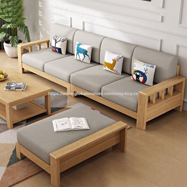 Juegos de Sofás para el Hogar, Juego de Sofá de Madera Maciza, Muebles Modernos Minimalistas de Estilo Chino, Chaise Longue para Apartamentos Pequeños, Madera y Tela