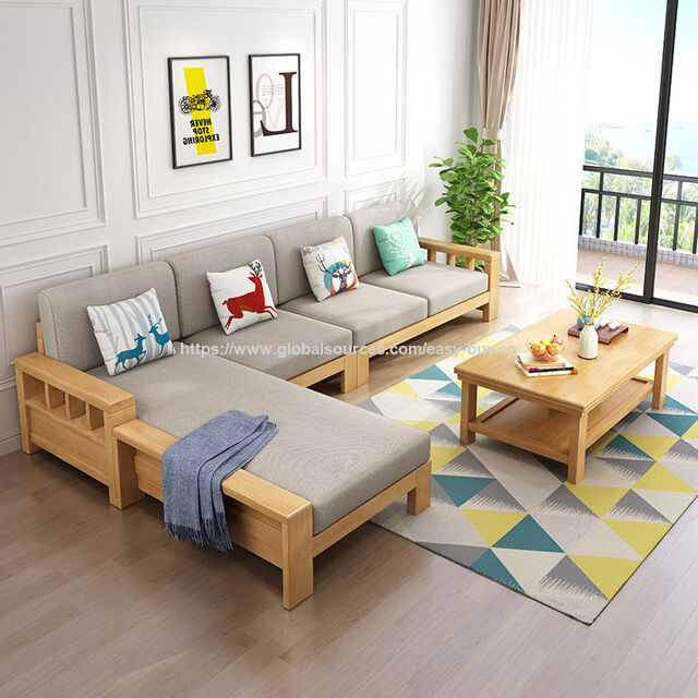 Juegos de Sofás para el Hogar, Juego de Sofá de Madera Maciza, Muebles Modernos Minimalistas de Estilo Chino, Chaise Longue para Apartamentos Pequeños, Madera y Tela