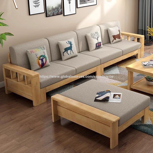 Juegos de Sofás para el Hogar, Juego de Sofá de Madera Maciza, Muebles Modernos Minimalistas de Estilo Chino, Chaise Longue para Apartamentos Pequeños, Madera y Tela