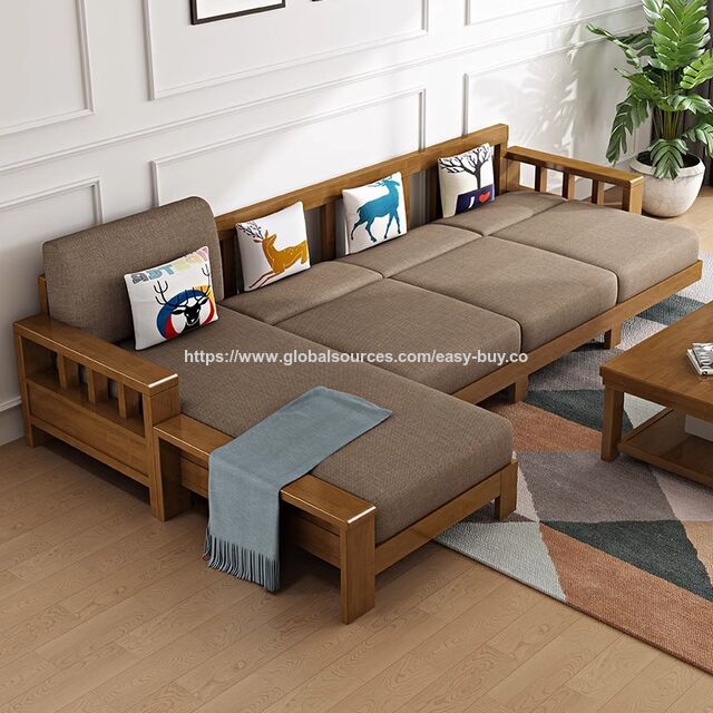 Juegos de Sofás para el Hogar, Juego de Sofá de Madera Maciza, Muebles Modernos Minimalistas de Estilo Chino, Chaise Longue para Apartamentos Pequeños, Madera y Tela