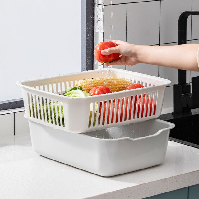 Cesta Drenante de Cocina Grande Multifuncional de Doble Capa, Cuenco para Lavar y Almacenar Frutas y Verduras
