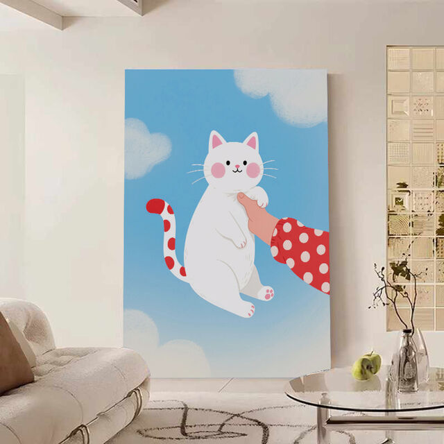 Arte de Parede de Gato Branco Fofo em Tela, Cauda de Bolinhas, Manga Vermelha, Mão, Céu Azul e Nuvens - Decoração Caprichosa para Quarto de Bebê e Casa, Sala de Estar