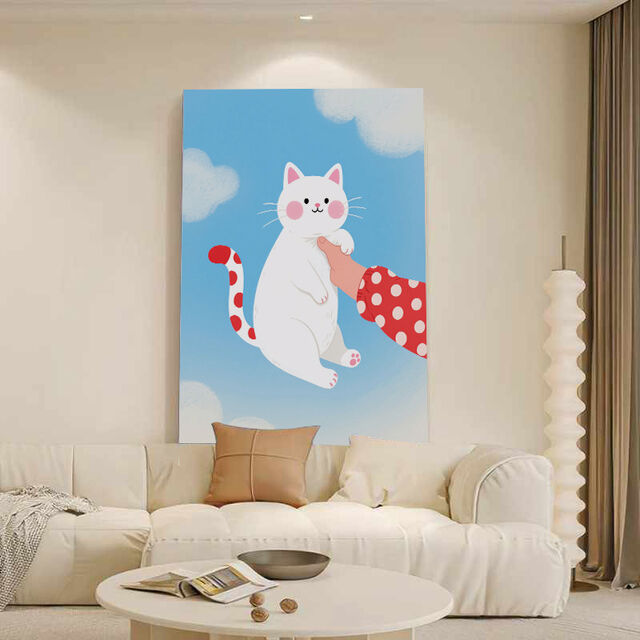 Arte de Parede de Gato Branco Fofo em Tela, Cauda de Bolinhas, Manga Vermelha, Mão, Céu Azul e Nuvens - Decoração Caprichosa para Quarto de Bebê e Casa, Sala de Estar